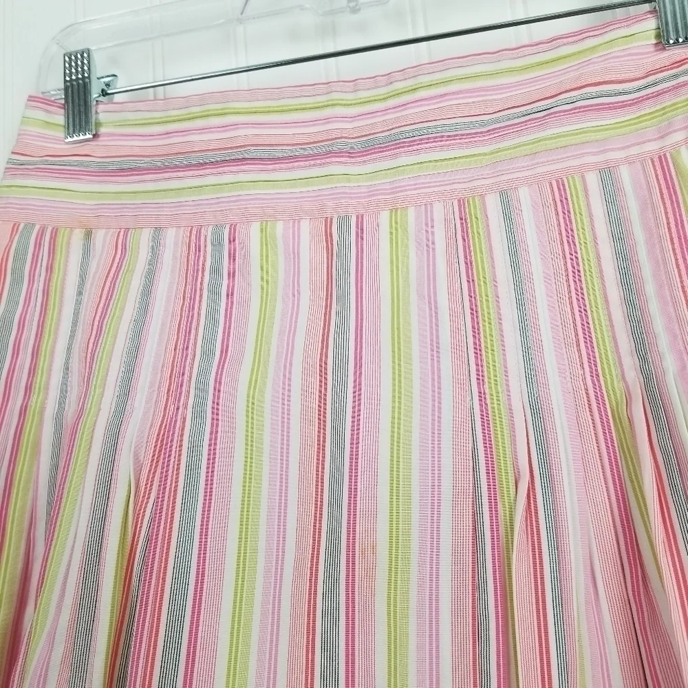 J Crew Pleated Skirt Multicolor Stripes Pink Green White Cotton Coquette Preppy